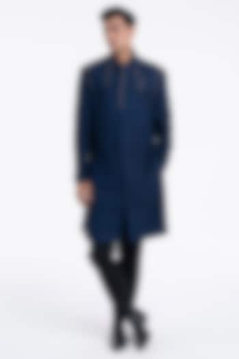Navy Silk Hand Embroidered Sherwani Set by Dhruv Vaish