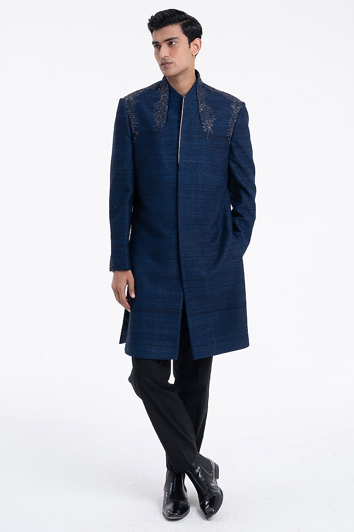 Navy Silk Hand Embroidered Sherwani Set by Dhruv Vaish