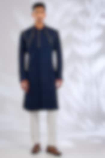 Navy Silk Hand Embroidered Wedding Sherwani Set by Dhruv Vaish at Pernia's Pop Up Shop