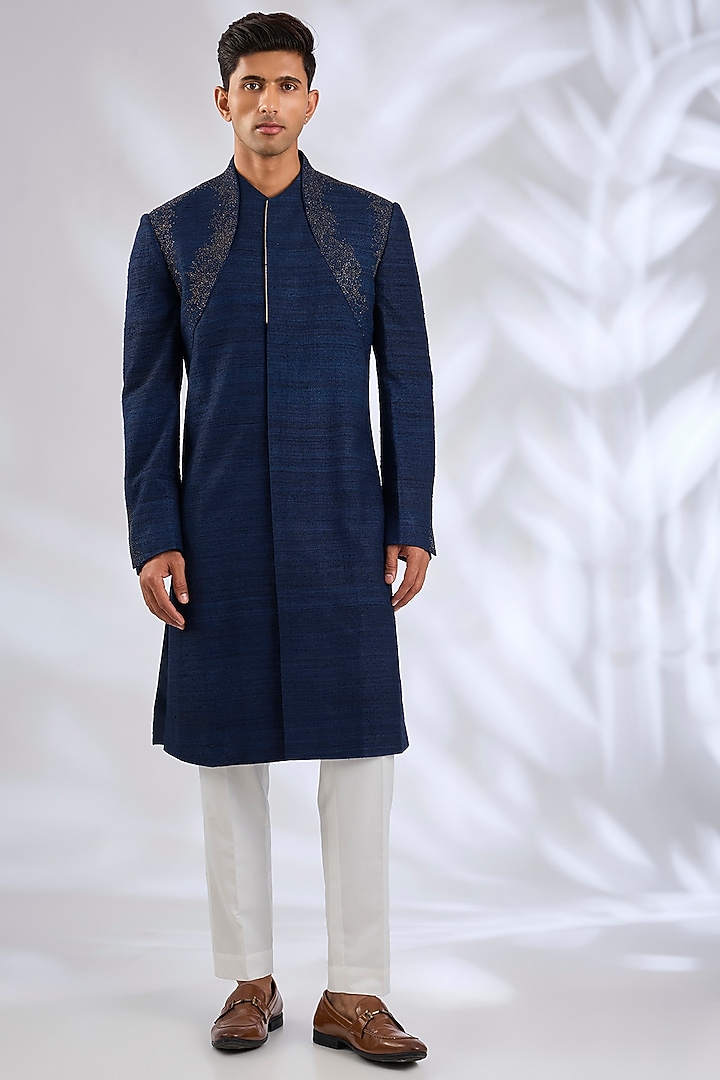 Navy Silk Hand Embroidered Wedding Sherwani Set by Dhruv Vaish at Pernia's Pop Up Shop