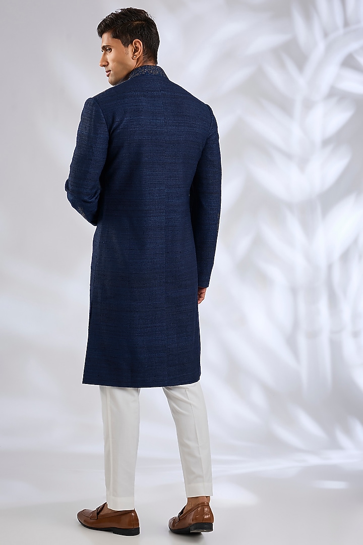 Navy Silk Hand Embroidered Groom Sherwani Set by Dhruv Vaish at Pernia's Pop Up Shop