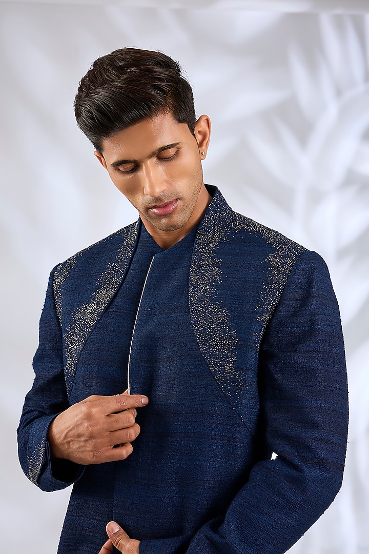 Navy Silk Hand Embroidered Groom Sherwani Set by Dhruv Vaish at Pernia's Pop Up Shop