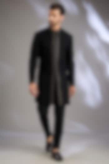 Black Silk Groom Sherwani Set by Dhruv Vaish at Pernia's Pop Up Shop