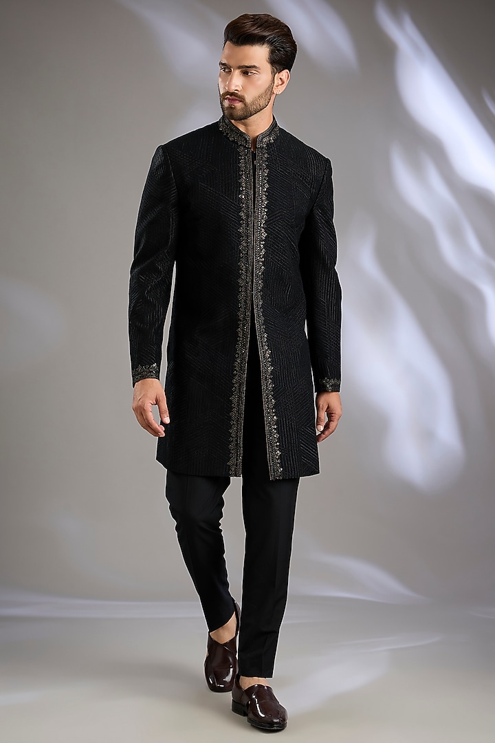 Black Silk Groom Sherwani Set by Dhruv Vaish at Pernia's Pop Up Shop