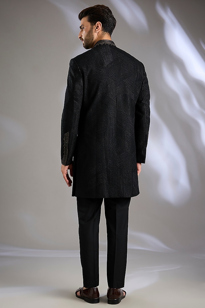 Black Silk Groom Sherwani Set by Dhruv Vaish at Pernia's Pop Up Shop