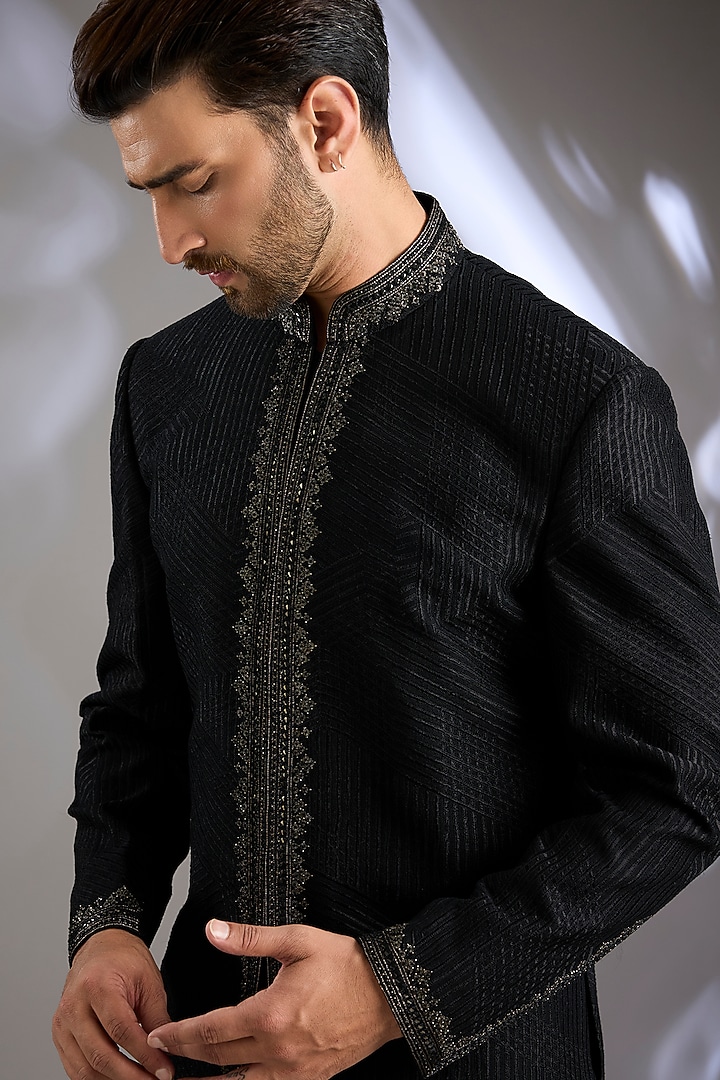 Black Silk Groom Sherwani Set by Dhruv Vaish at Pernia's Pop Up Shop