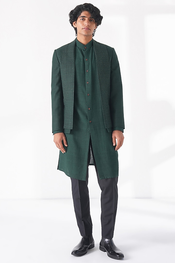 Bottle Green Silk French Knot Embroidered Open Wedding Bandhgala Set by Dhruv Vaish at Pernia's Pop Up Shop