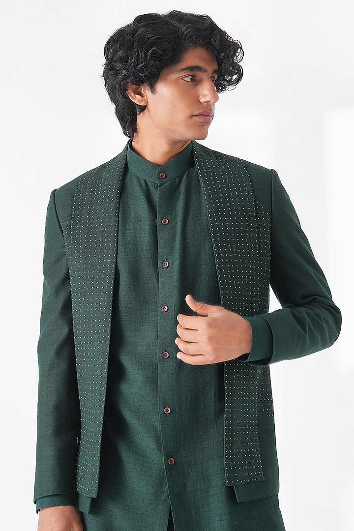 Bottle Green Silk French Knot Embroidered Open Wedding Bandhgala Set by Dhruv Vaish at Pernia's Pop Up Shop