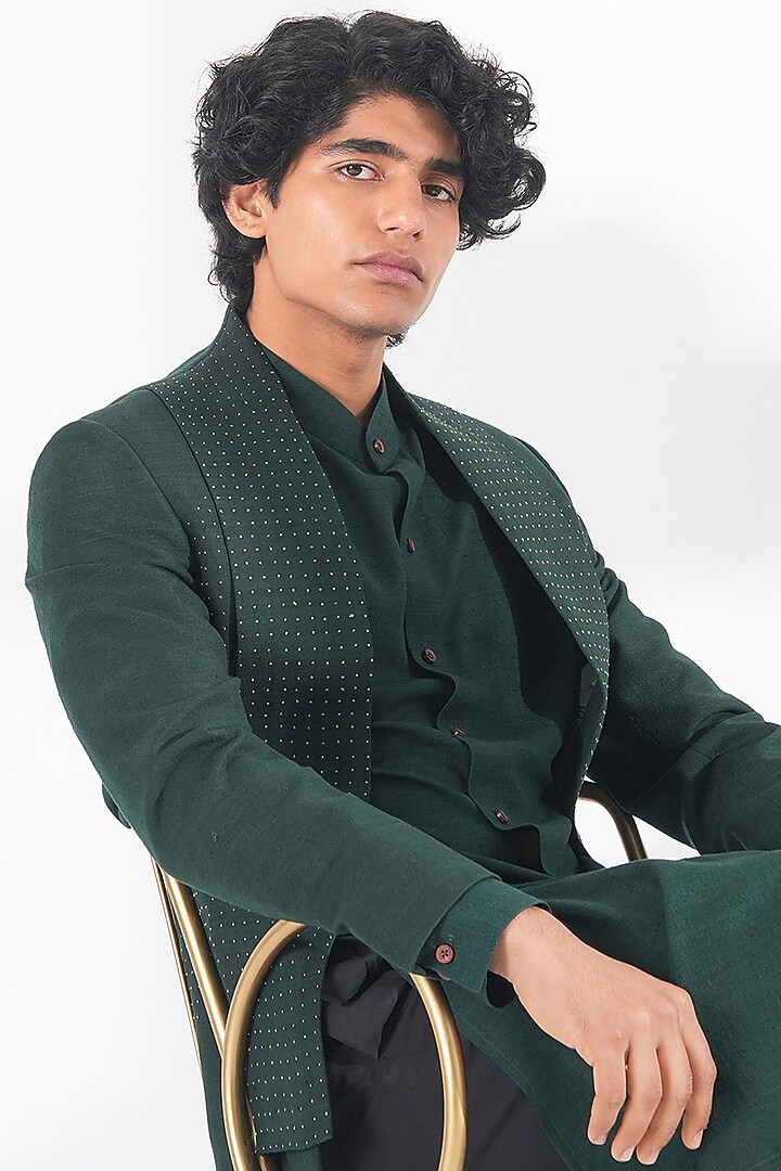 Bottle Green Silk French Knot Embroidered Open Wedding Bandhgala Set by Dhruv Vaish at Pernia's Pop Up Shop