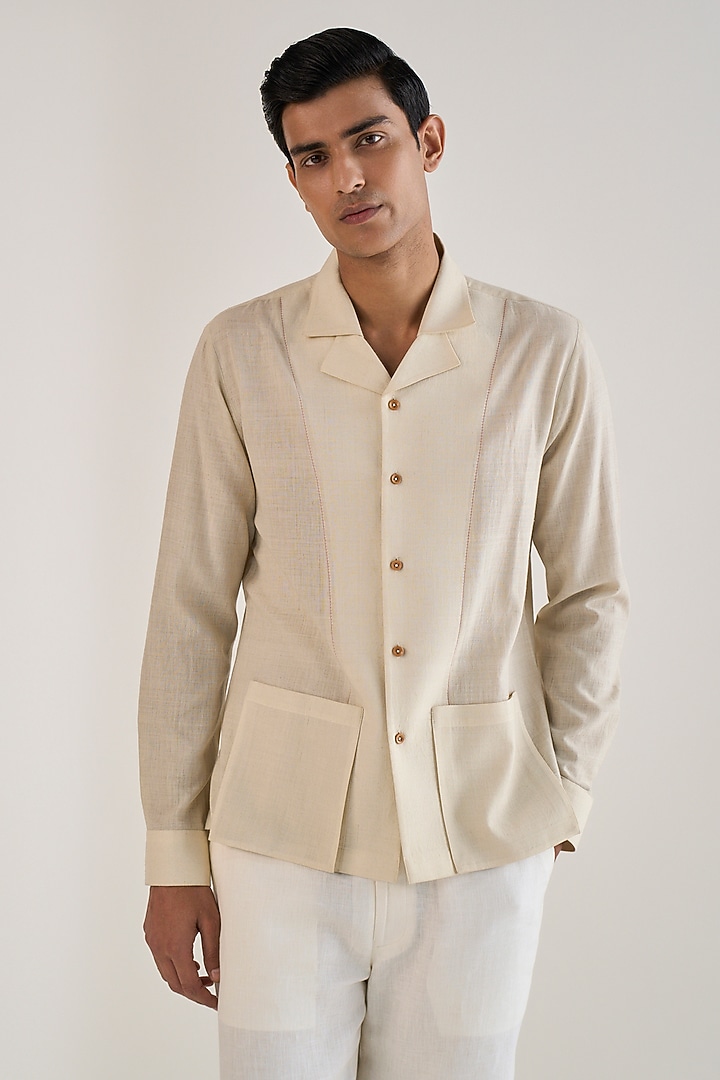 Cream Handloom Cotton Linen Party Wear Shirt by Dhruv Vaish at Pernia's Pop Up Shop