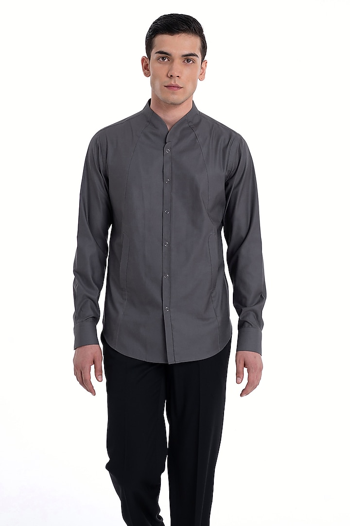 Slate Grey Cotton Satin Party Wear Shirt by Dhruv Vaish at Pernia's Pop Up Shop