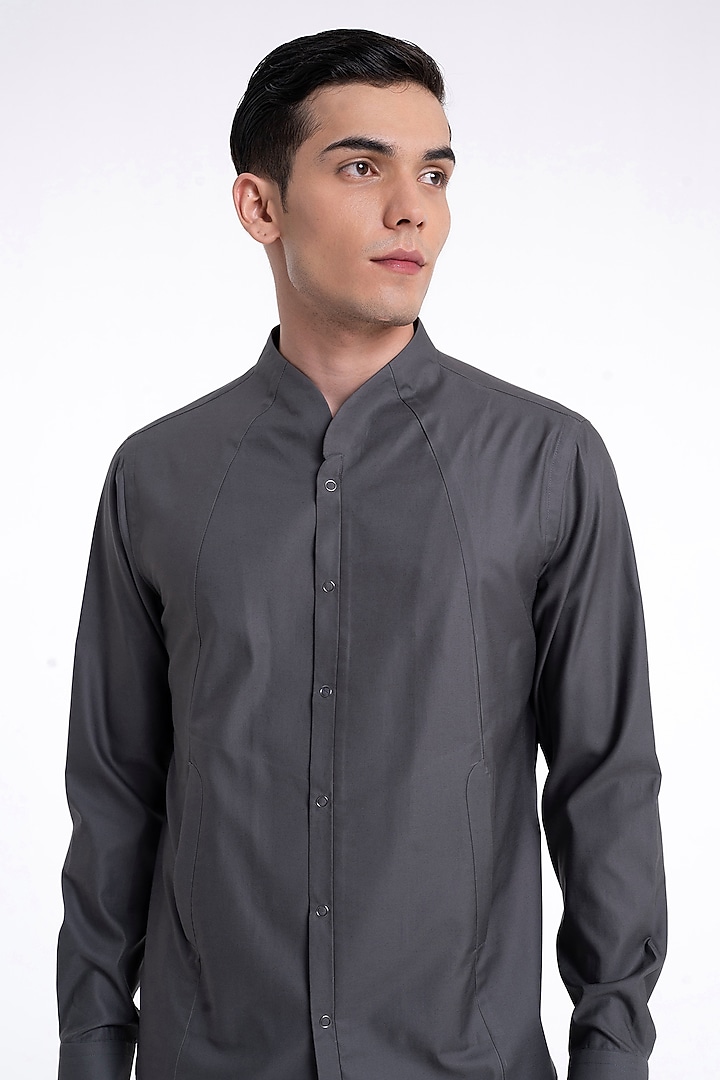 Slate Grey Cotton Satin Party Wear Shirt by Dhruv Vaish at Pernia's Pop Up Shop