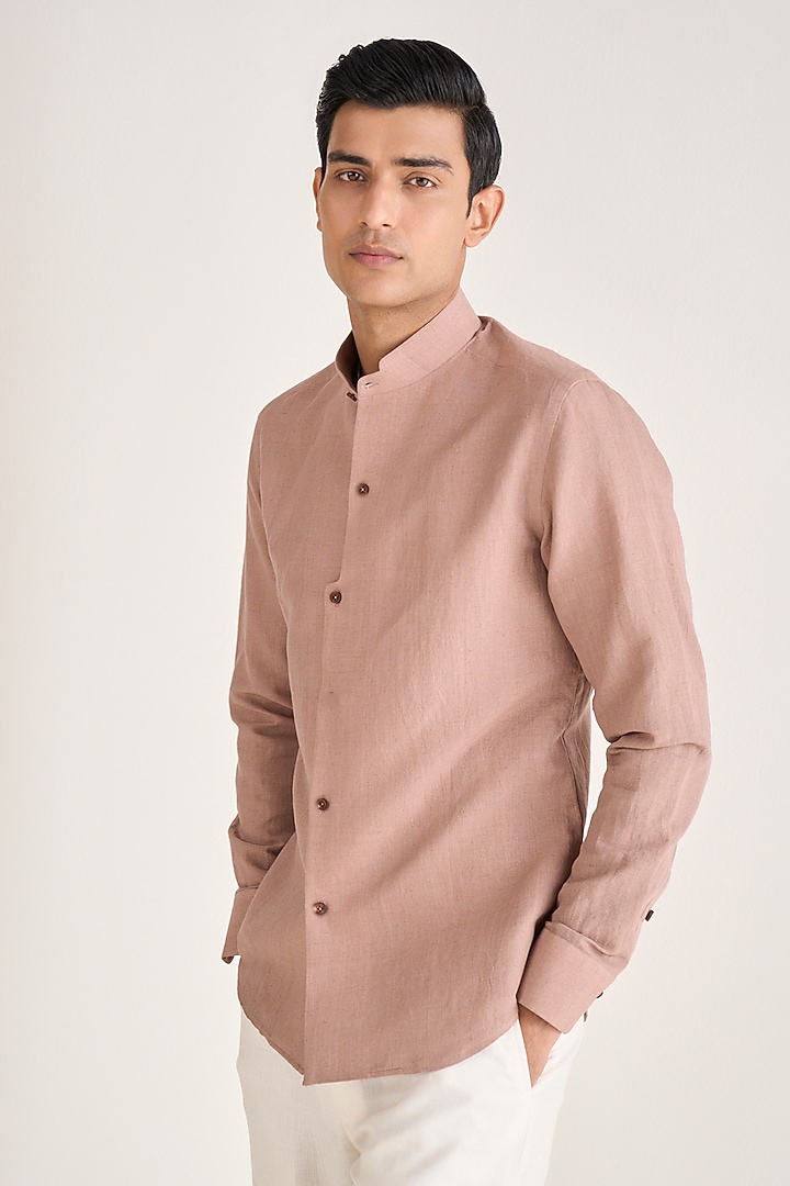 Onion Pink Handloom Cotton Linen Party Wear Shirt by Dhruv Vaish at Pernia's Pop Up Shop