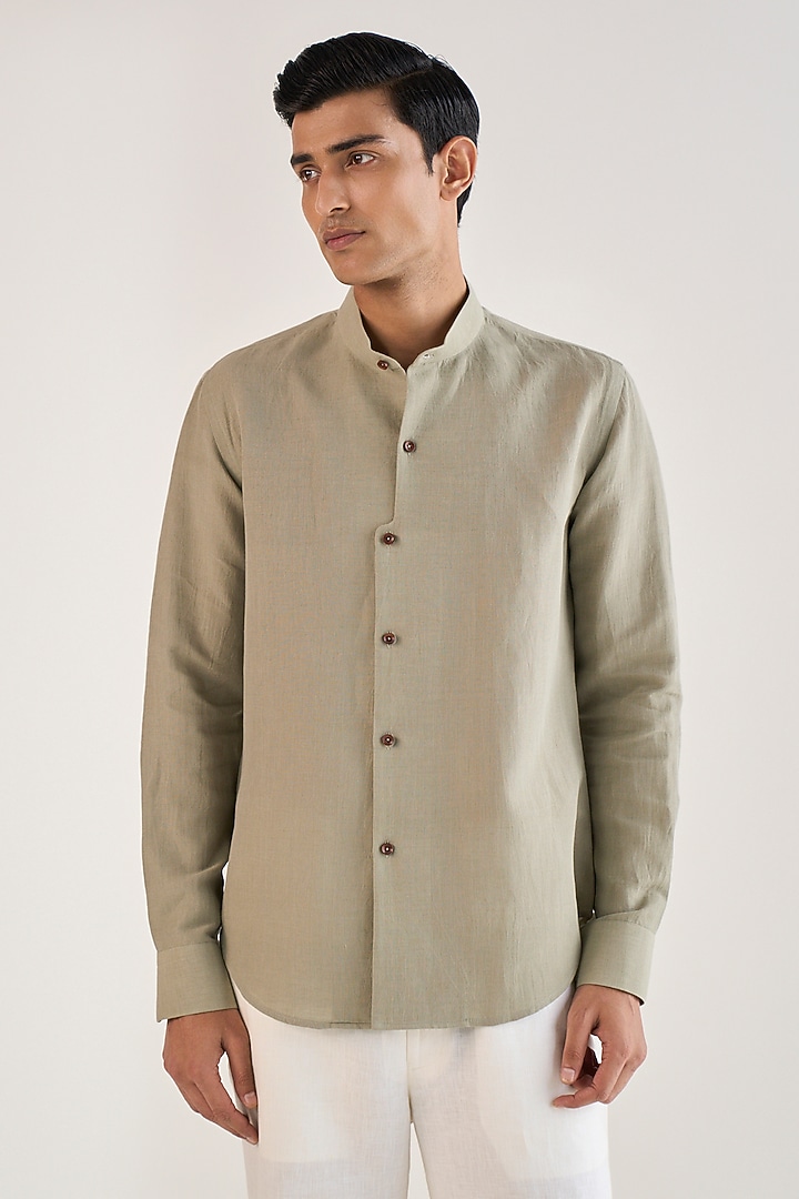 Light Sage Handloom Cotton Linen Party Wear Shirt by Dhruv Vaish at Pernia's Pop Up Shop