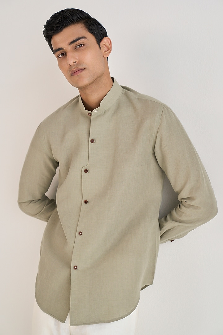 Light Sage Handloom Cotton Linen Party Wear Shirt by Dhruv Vaish at Pernia's Pop Up Shop