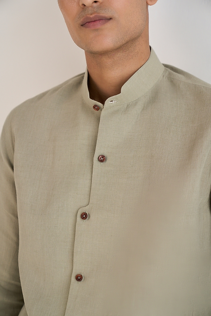 Light Sage Handloom Cotton Linen Party Wear Shirt by Dhruv Vaish at Pernia's Pop Up Shop