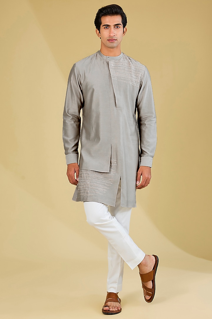 Grey Silk Zari Embroidered Layered Kurta Set by Dhruv Vaish at Pernia's Pop Up Shop