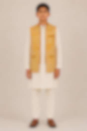 Marigold Yellow Silk Thread Embroidered Open Nehru Jacket For Boys by Dhruv Vaish Kids at Pernia's Pop Up Shop