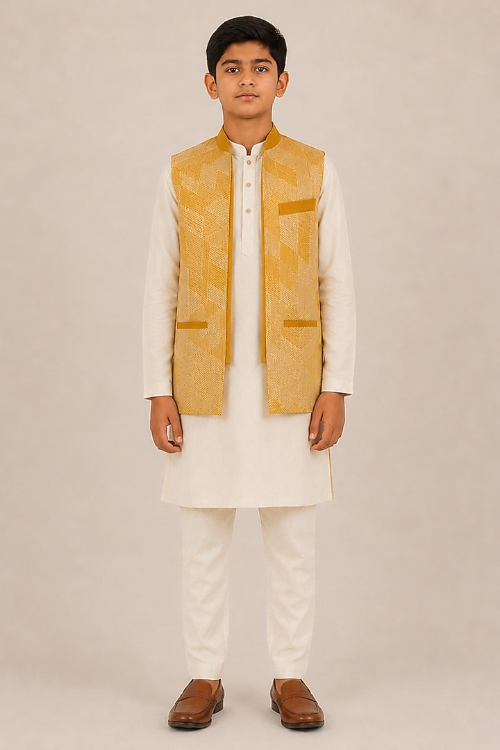 Marigold Yellow Silk Thread Embroidered Open Nehru Jacket For Boys by Dhruv Vaish Kids at Pernia's Pop Up Shop