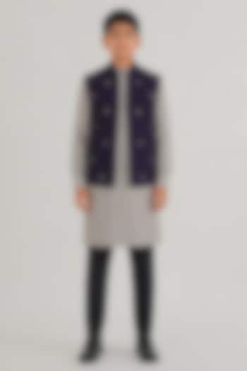 Midnight Purple Silk Leaf Motif Embroidered Nehru Jacket For Boys by Dhruv Vaish Kids at Pernia's Pop Up Shop