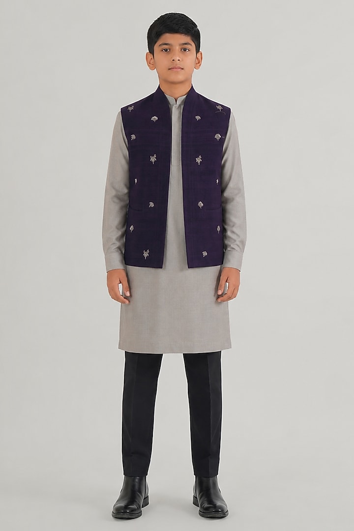 Midnight Purple Silk Leaf Motif Embroidered Nehru Jacket For Boys by Dhruv Vaish Kids at Pernia's Pop Up Shop
