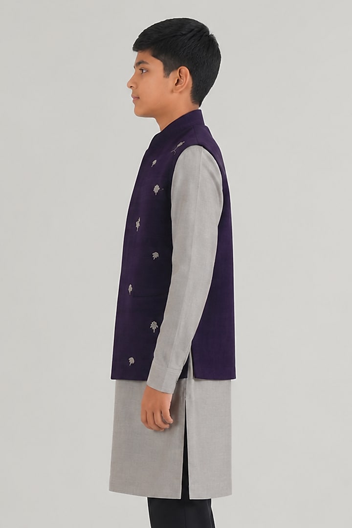 Midnight Purple Silk Leaf Motif Embroidered Nehru Jacket For Boys by Dhruv Vaish Kids at Pernia's Pop Up Shop