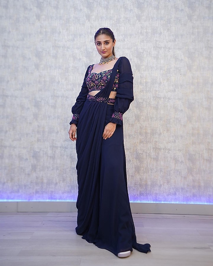 Dark Blue Georgette Pre-Stitched Sharara Wedding Saree Set by DiyaRajvvir at Pernia's Pop Up Shop