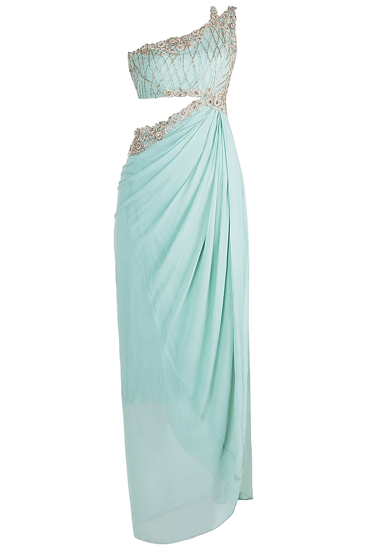 Mint Green Embroidered Saree Gown by Dhwaja