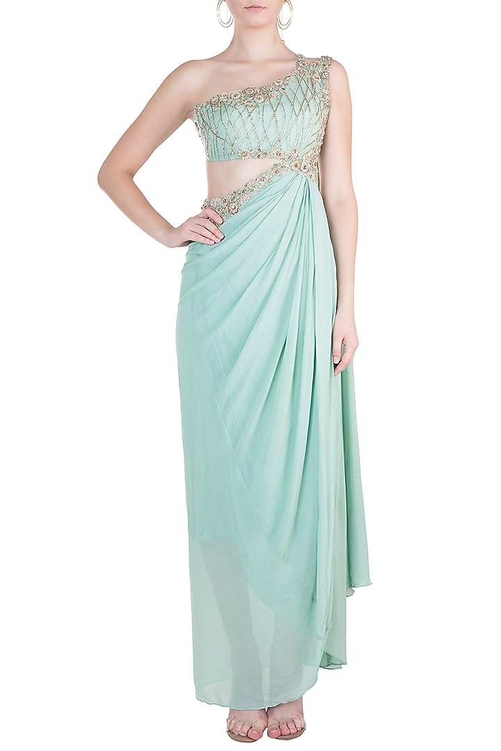 Mint Green Embroidered Wedding Saree Gown by Dhwaja at Pernia's Pop Up Shop