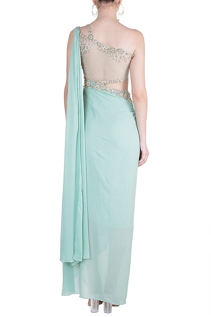 Mint Green Embroidered Wedding Saree Gown by Dhwaja at Pernia's Pop Up Shop