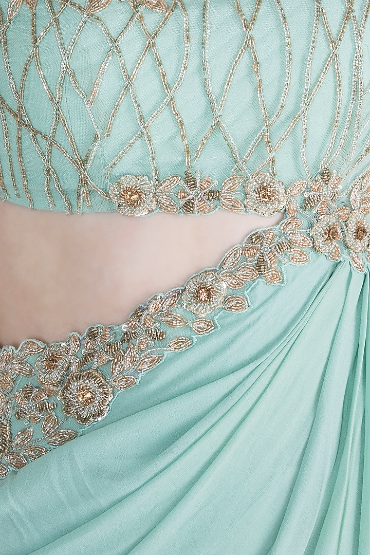 Mint Green Embroidered Wedding Saree Gown by Dhwaja at Pernia's Pop Up Shop