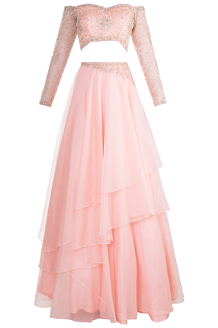 Peach Embroidered Off Shoulder Lehenga Set by Dhwaja