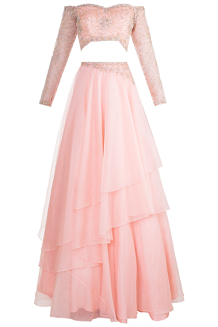 Peach Embroidered Off Shoulder Wedding Lehenga Set by Dhwaja at Pernia's Pop Up Shop