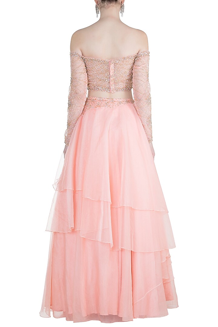 Peach Embroidered Off Shoulder Wedding Lehenga Set by Dhwaja at Pernia's Pop Up Shop