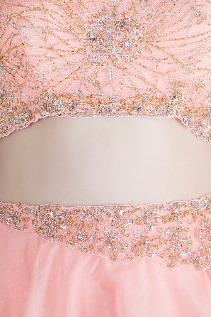 Peach Embroidered Off Shoulder Wedding Lehenga Set by Dhwaja at Pernia's Pop Up Shop