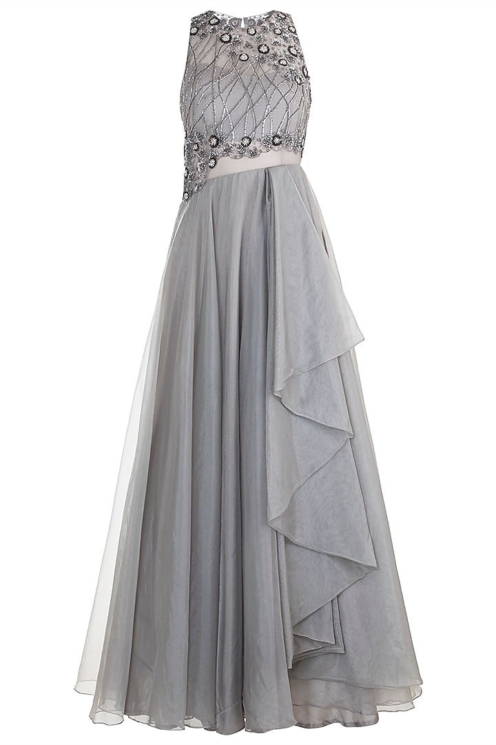 Grey Embroidered Layered Gown by Dhwaja