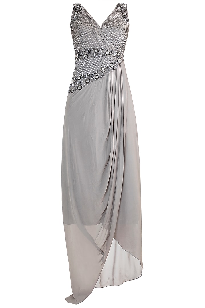 Grey Embroidered Saree Gown by Dhwaja