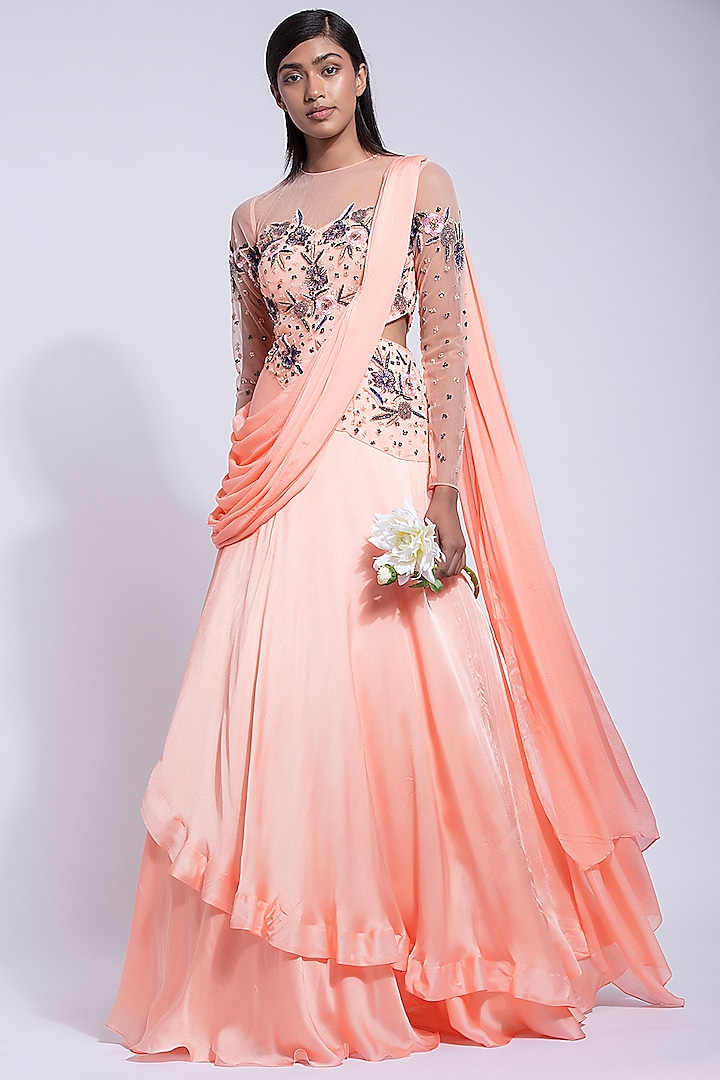 Peach Embroidered Saree Gown by Dhwaja