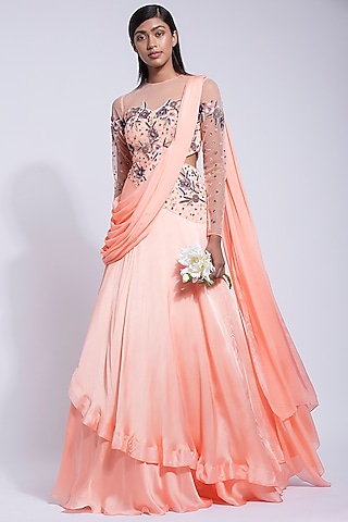 Peach Embroidered Saree Gown by Dhwaja