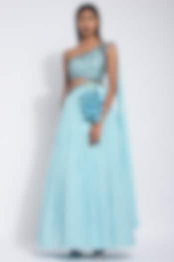 Powder Blue Embroidered Draped Gown by Dhwaja