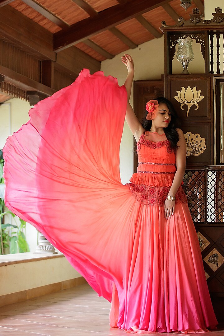 Coral & Pink Ombre Lehenga Set by Dhwaja