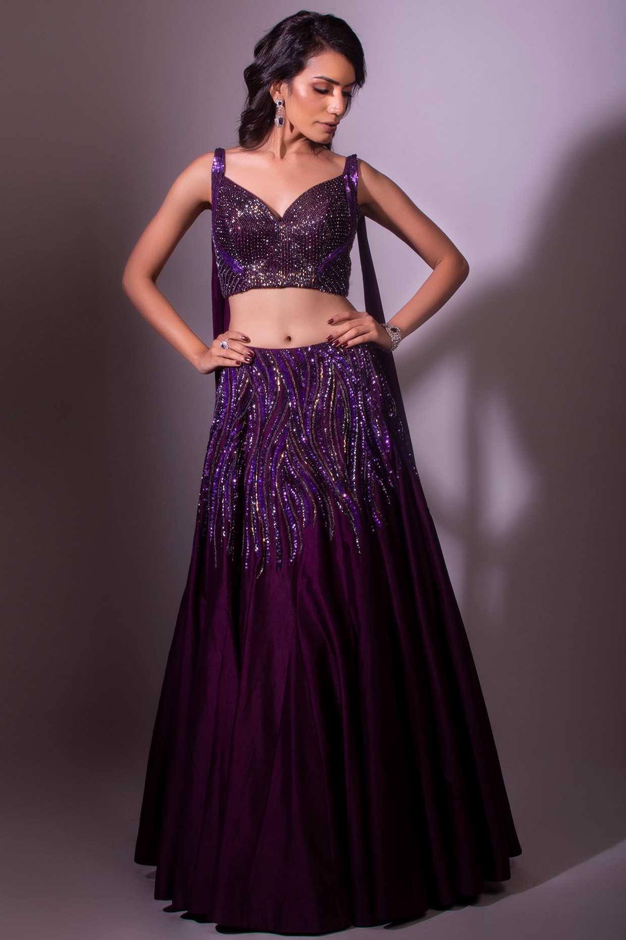 Wine Kurta Lehenga Set With Heavy Gold Hand Embroidery & Ethnic Motifs