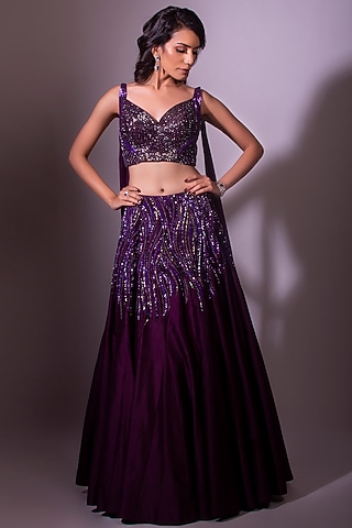 Wine Hand Embroidered Lehenga Set by Dhwaja