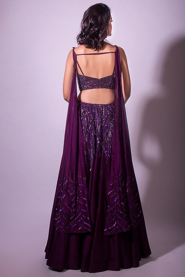 Wine Hand Embroidered Wedding Lehenga Set by Dhwaja at Pernia's Pop Up Shop