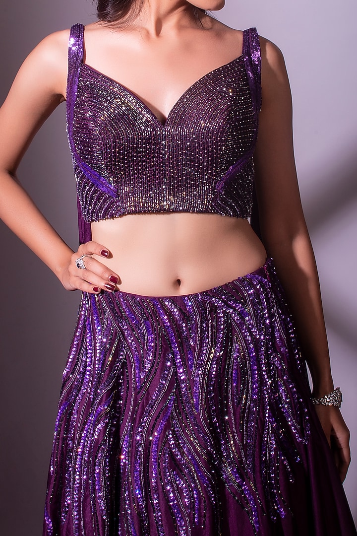 Wine Hand Embroidered Wedding Lehenga Set by Dhwaja at Pernia's Pop Up Shop