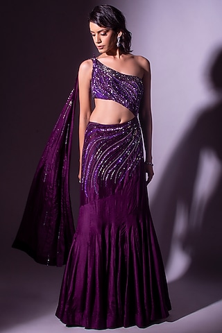Wine Hand Embroidered One-Shoulder Fish-Cut Gown by Dhwaja