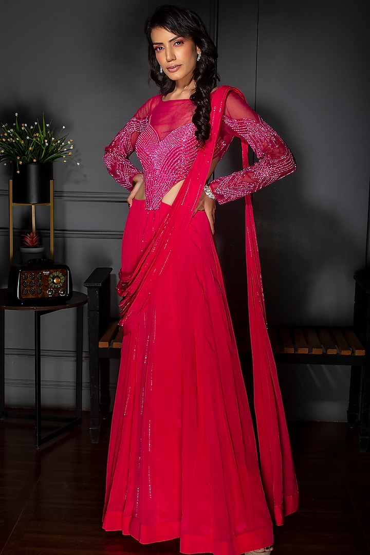 Fuchsia Crepe Sequins Embroidered Pre-Draped Saree by Dhwaja