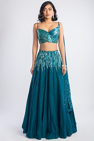 Teal Embroidered Lehenga Set by Dhwaja