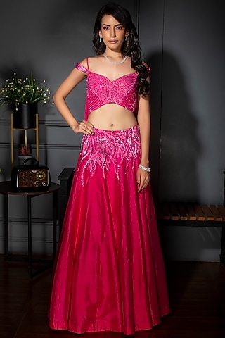 Fuchsia Pure Silk Lehenga Set by Dhwaja
