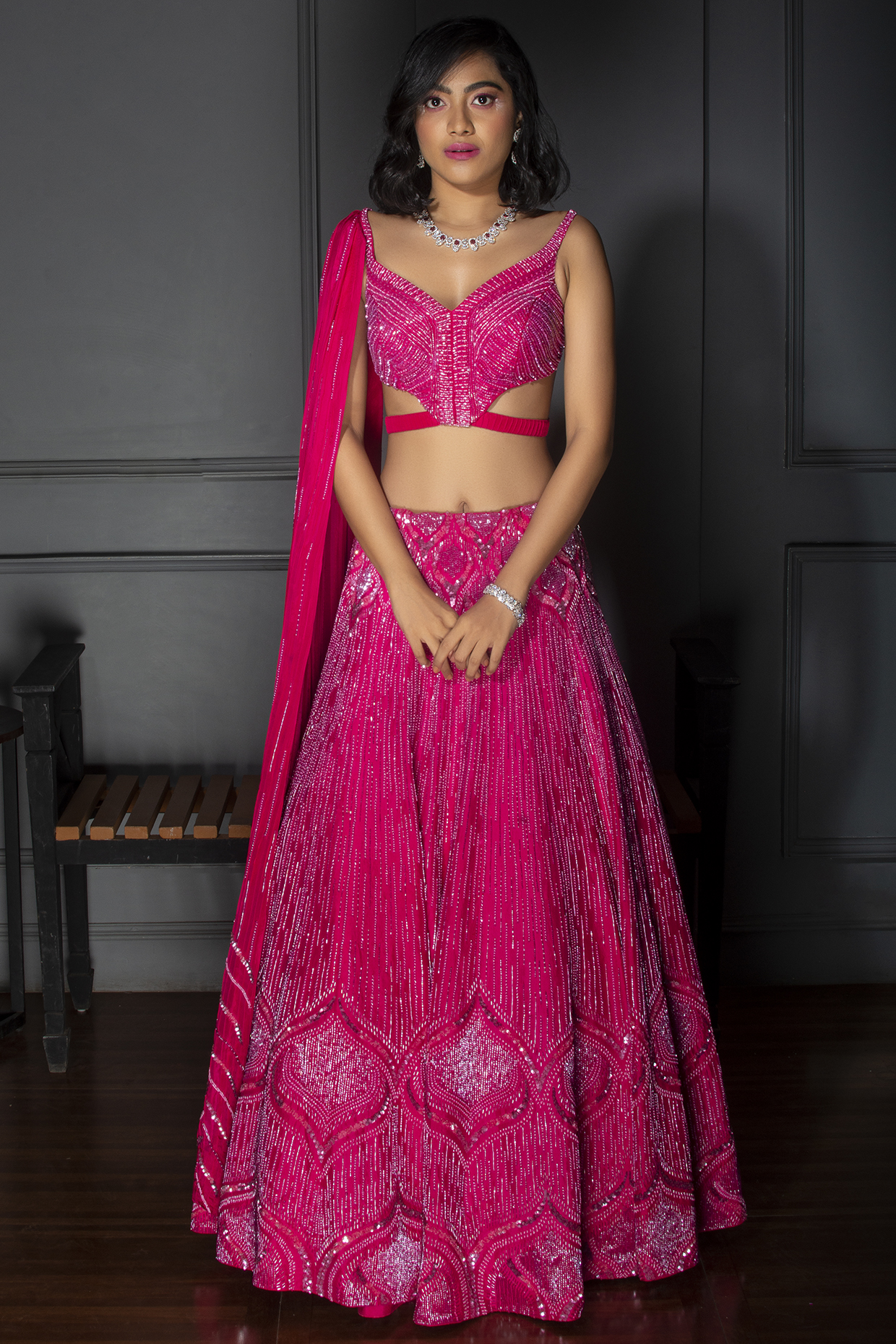 Fuchsia Embroidered Bridal Bridal Lehenga Set by Dhwaja at Pernia's Pop Up Shop
